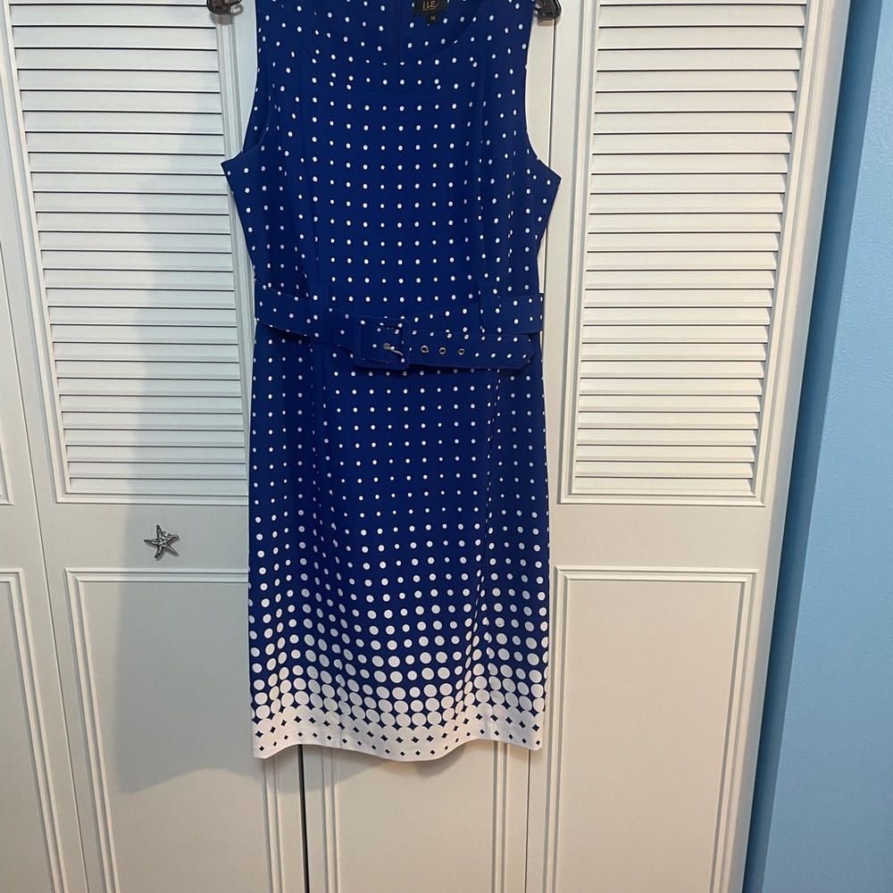 Sleeveless Navy Blue Polka Dot Midi Dress with Self-Tie Belt